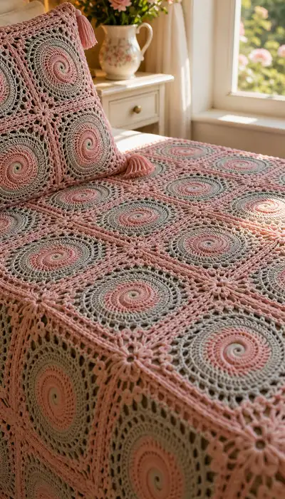 Dusty Rose Spiral Granny Bedspread Pattern step 2 - assembly progress