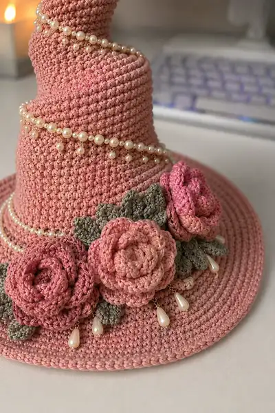 Big Tall Blush Pink Spiral Witch Hat with Roses and Pearl Chains Pattern step 2 - assembly progress