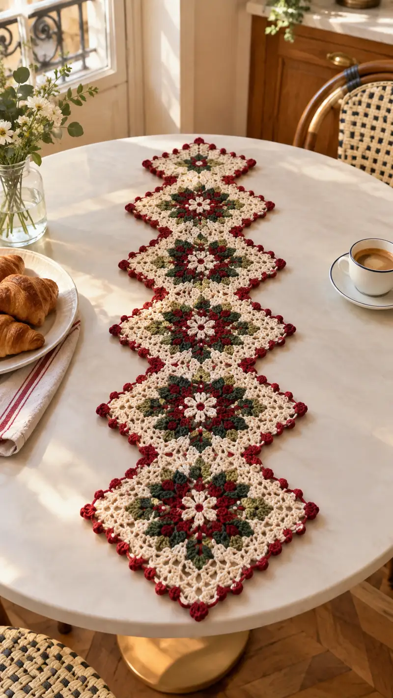 Burgundy Olive Floral Diamond Table Runner Pattern crochet pattern - detailed view of completed project