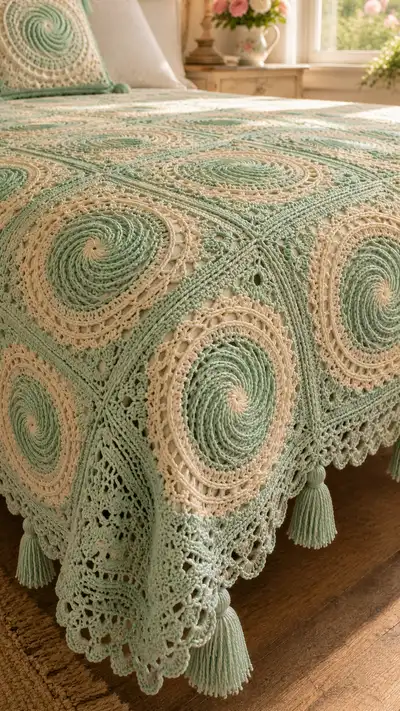 Seafoam Spiral Granny Square Bedspread Pattern step 2 - assembly progress
