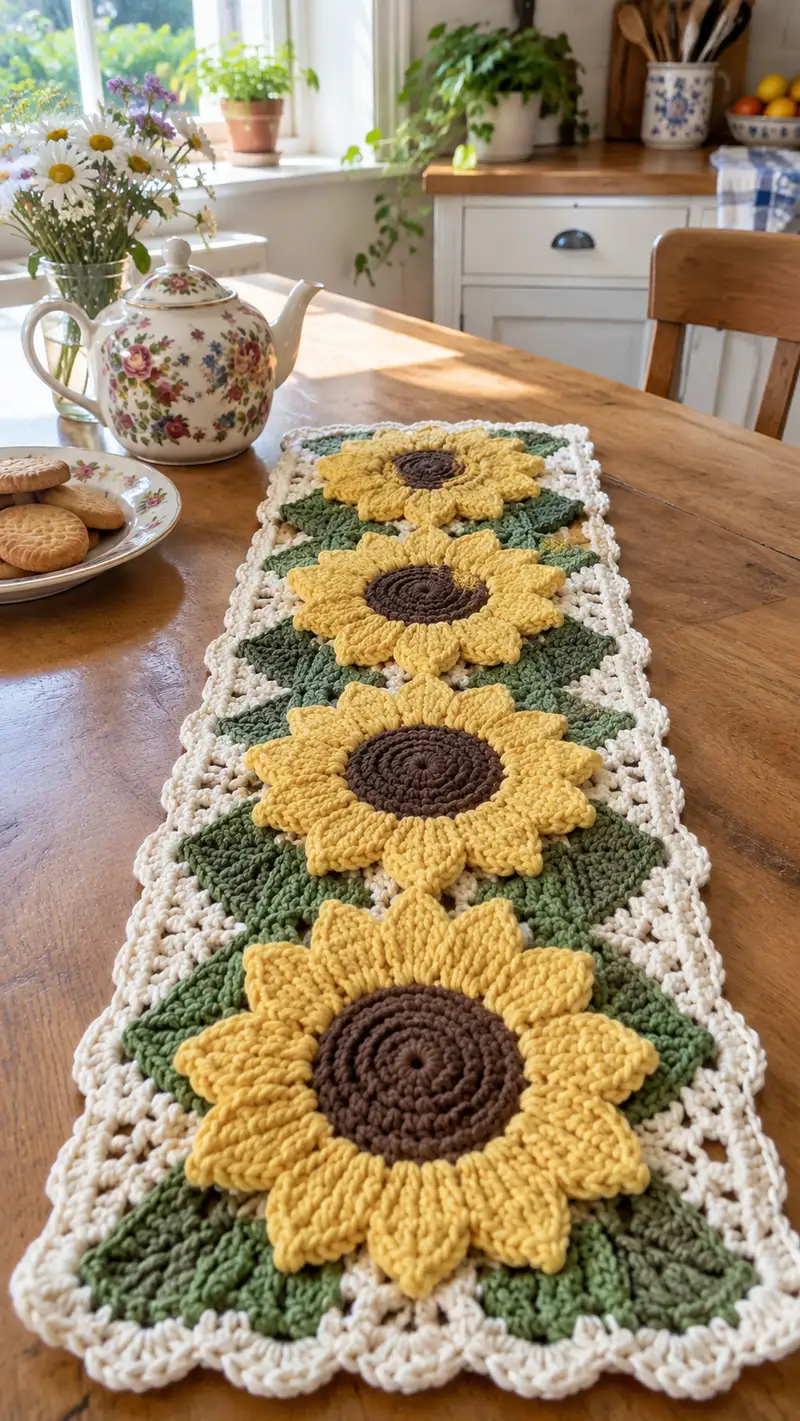 Sunflower Table Runner Pattern crochet pattern - detailed view of completed project