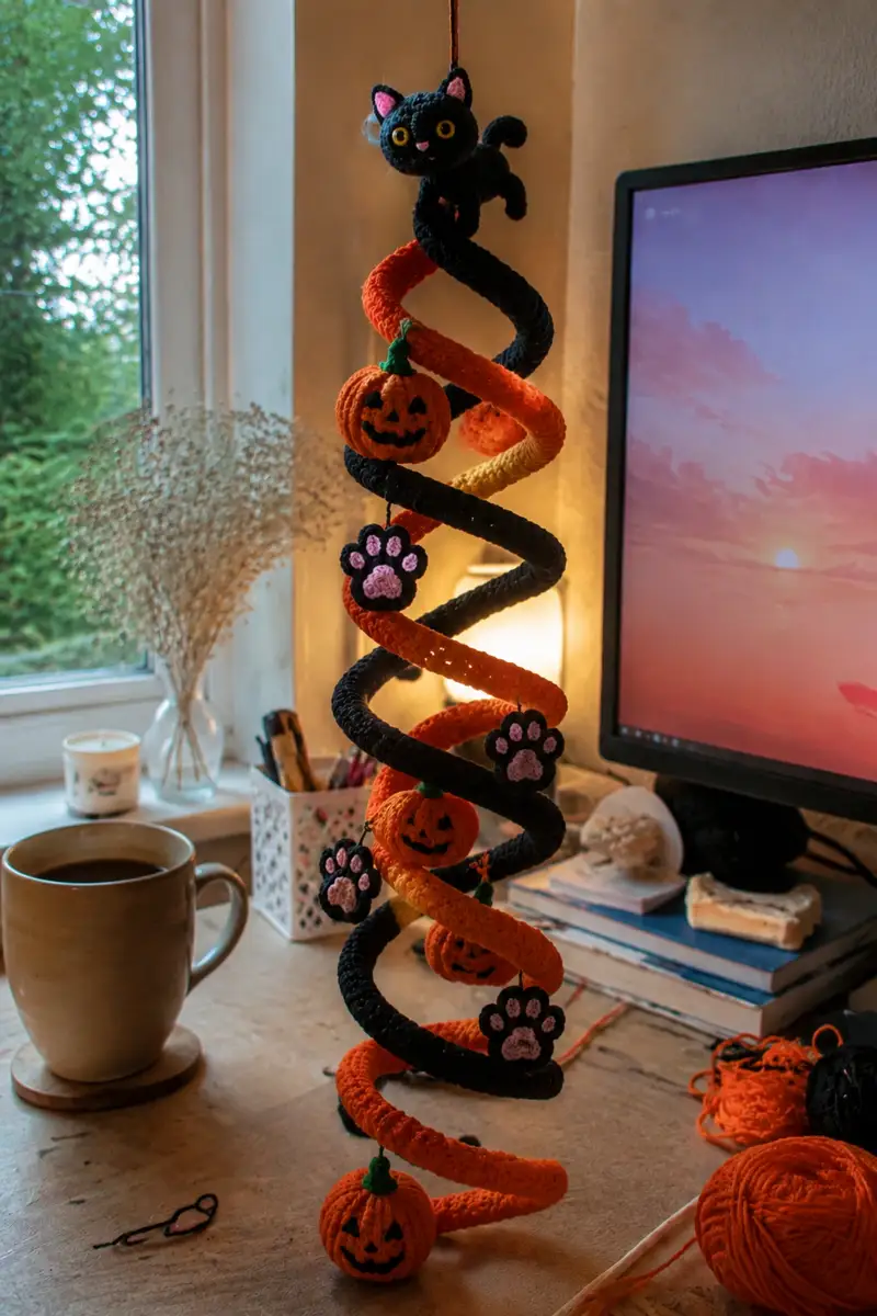 Black Cat Spiral Halloween Garland with Pumpkins and Paw Charms Amigurumi Pattern crochet pattern - detailed view of completed project