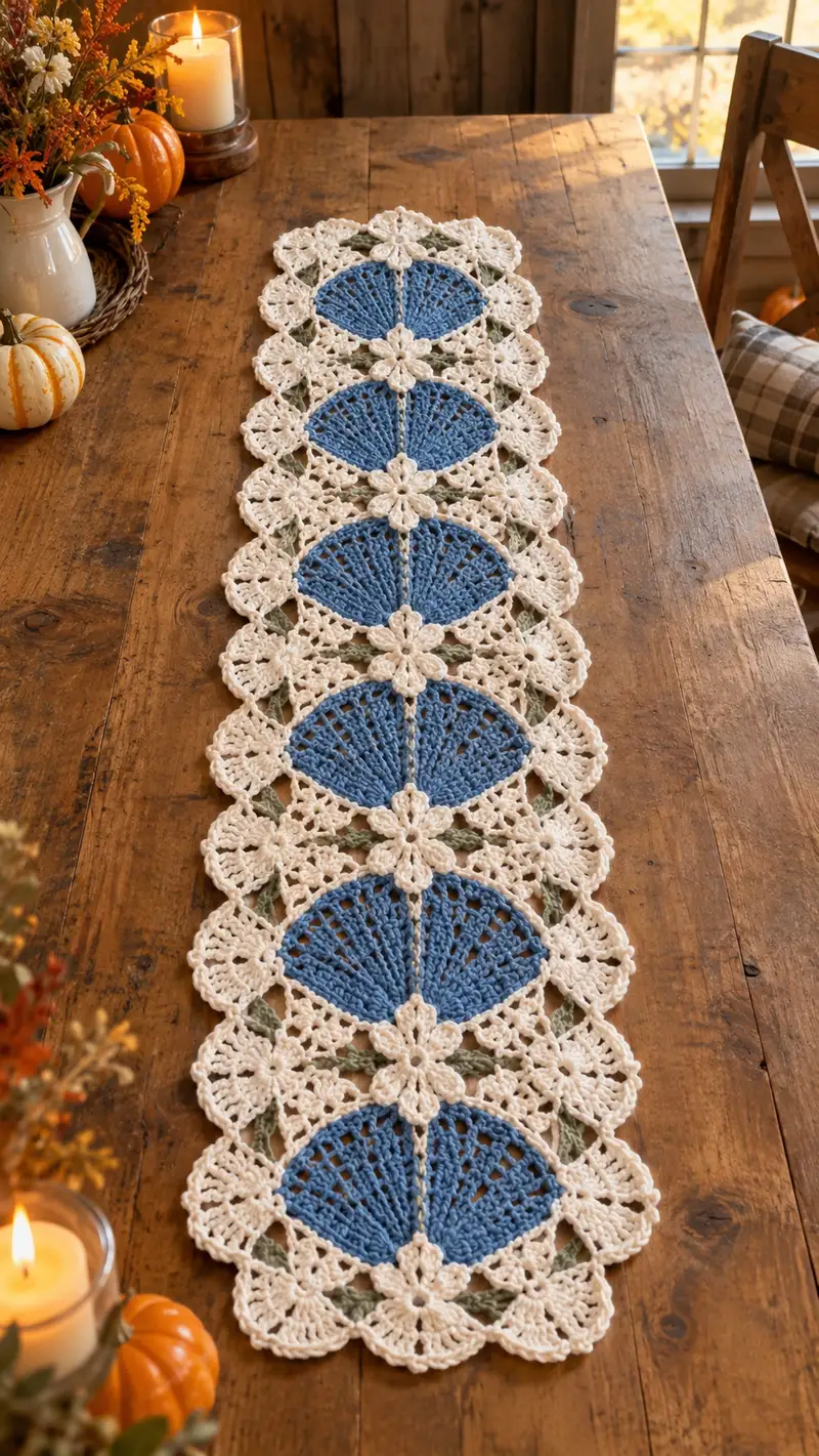 Blue Shell And Cream Daisy Table Runner Pattern crochet pattern - detailed view of completed project