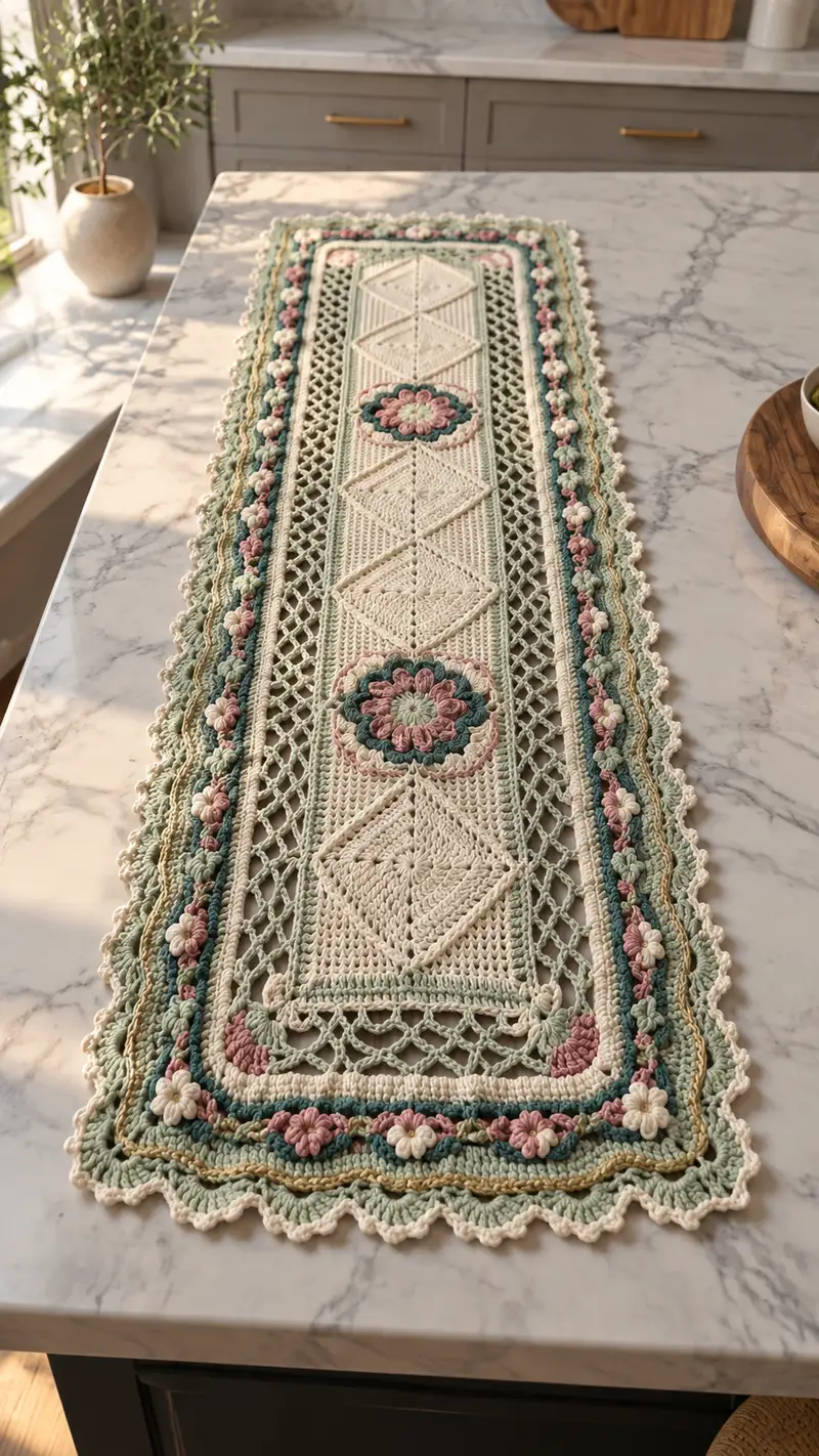 Elegant Floral Lace Table Runner Pattern crochet pattern - detailed view of completed project