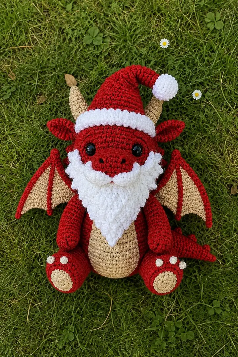 Santa Dragon with Red Hat and Fluffy White Beard Amigurumi Pattern crochet pattern - detailed view of completed project