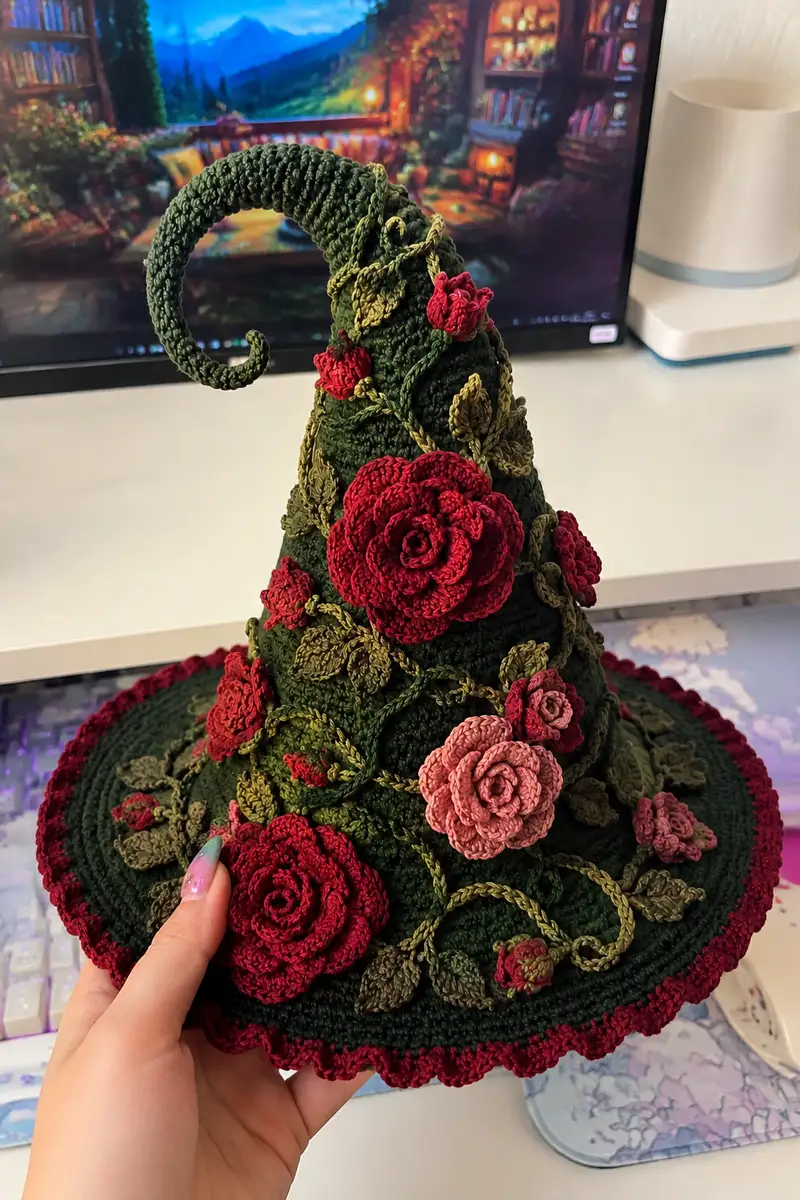 Big Rose Garden Spiral Witch Hat Pattern crochet pattern - detailed view of completed project