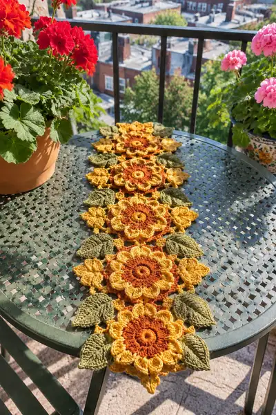 Joined Flower and Leaf Motif Autumn Table Runner in Amber Pattern step 1 - construction progress