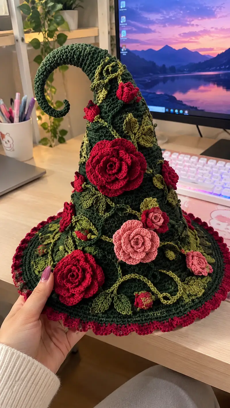 Enchanted Rose Witch Hat Pattern crochet pattern - detailed view of completed project
