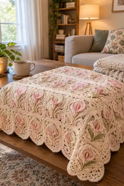 Blush Pink Botanical Bedspread Pattern step 2 - assembly progress