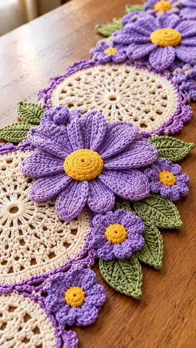 Lavender Daisy Table Runner Pattern step 2 - assembly progress