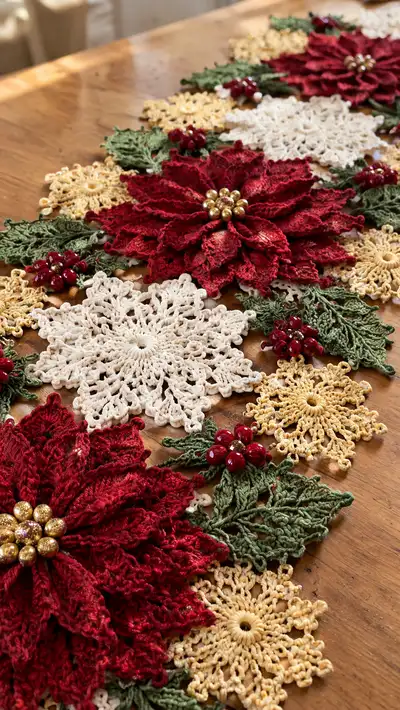 Poinsettia Lace Table Runner Pattern step 2 - assembly progress