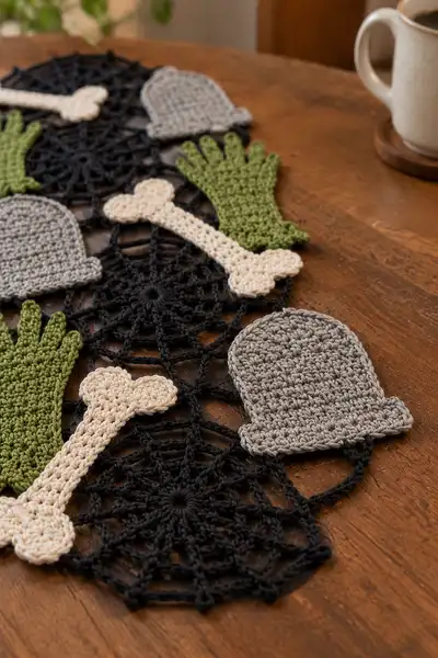 Graveyard Bones Halloween Table Runner Pattern step 2 - assembly progress