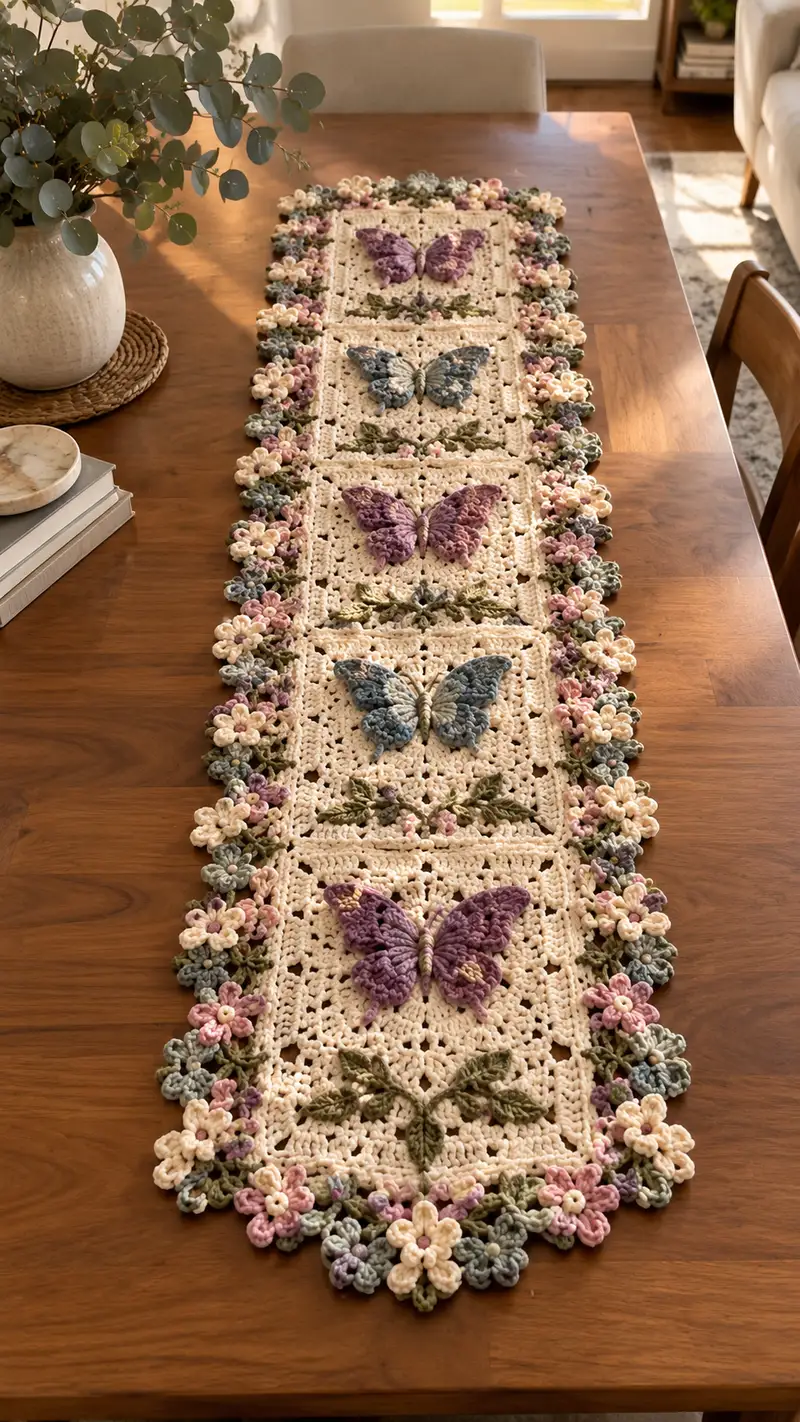 Cream Purple Butterfly Crochet Table Runner Pattern crochet pattern - detailed view of completed project