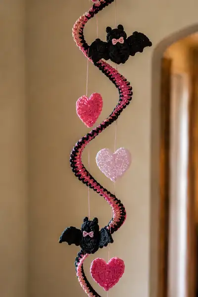 Girly Roof Spiral Garland with Candy Hearts and Baby Bats Pattern step 2 - assembly progress
