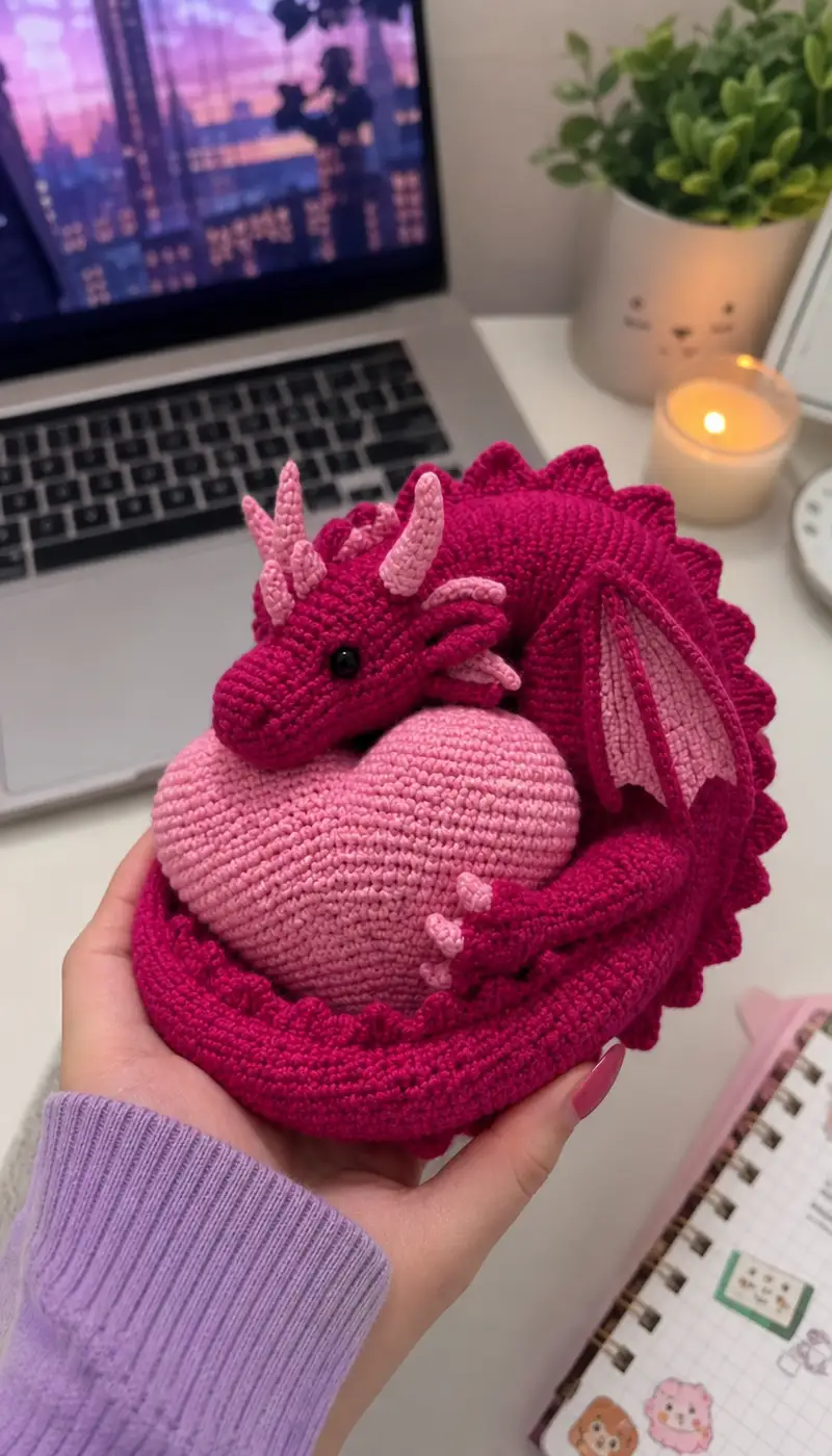 Curled Dragon Hugging Heart Amigurumi Pattern crochet pattern - detailed view of completed project