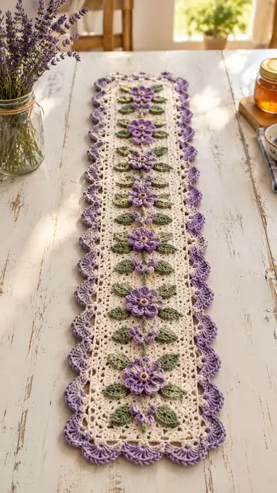 Lavender Daisy On Cream Table Runner Pattern step 1 - construction progress