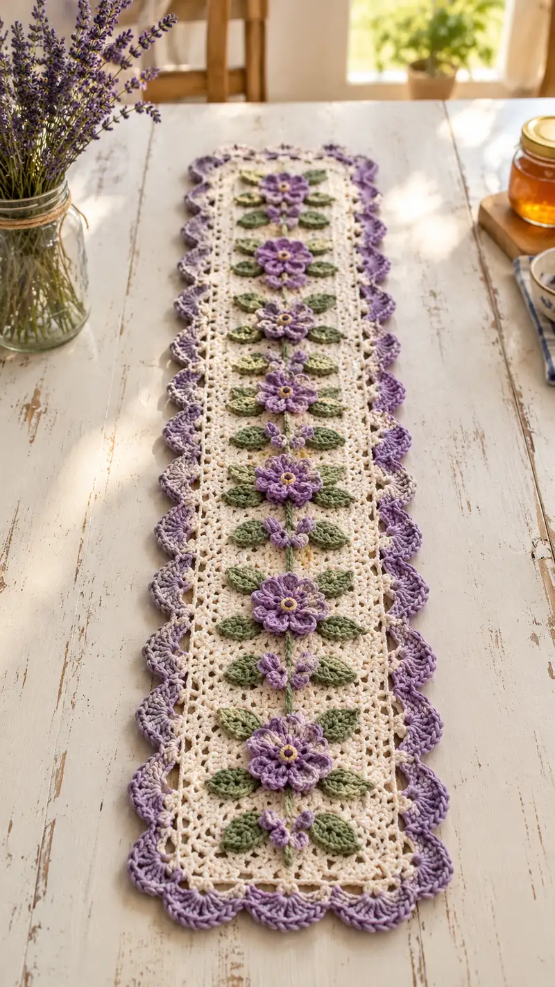 Lavender Daisy On Cream Table Runner Pattern crochet pattern - detailed view of completed project