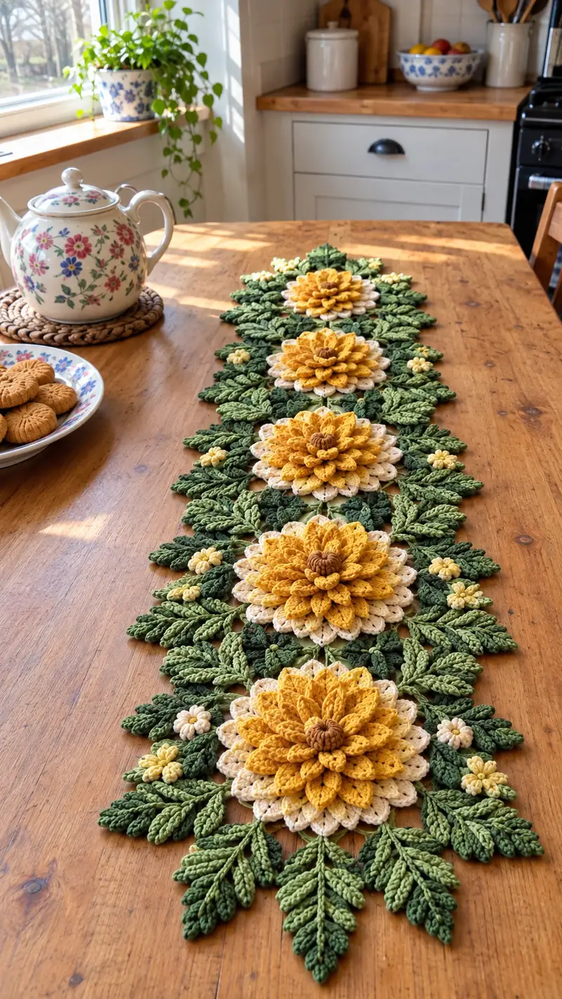 Sunflower Table Runner Pattern crochet pattern - detailed view of completed project