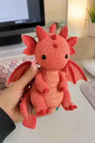 Big Soft Coral Love Dragon with a Heart Tail Tip Amigurumi Pattern step 1 - construction progress