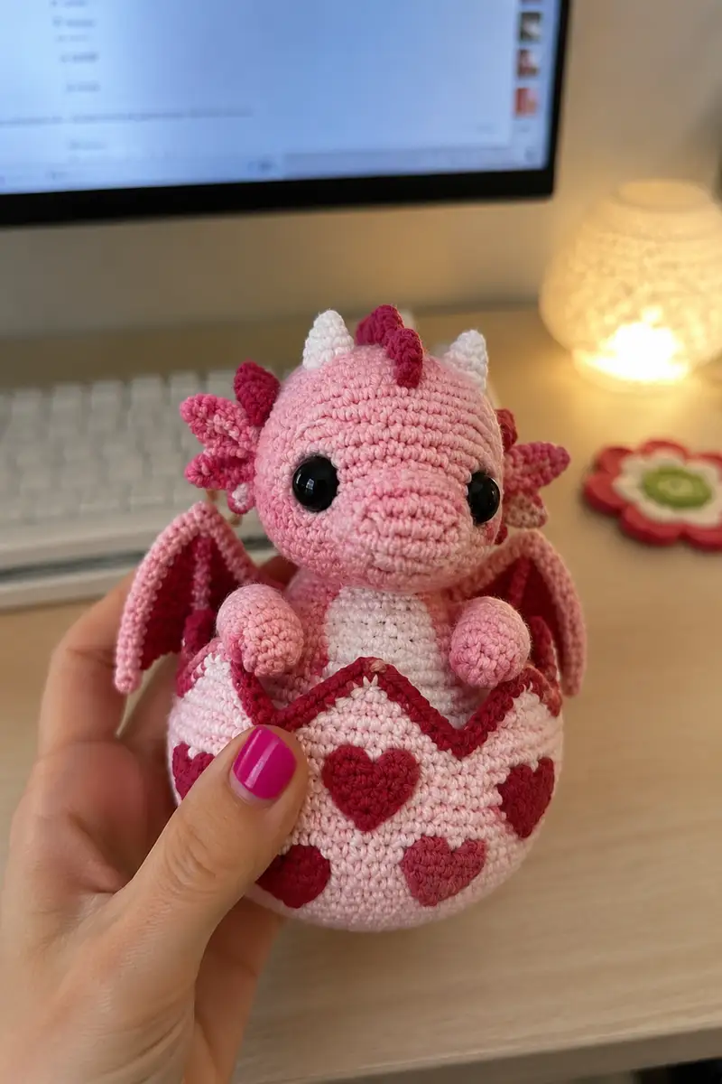 Free crochet pattern: Big Valentine Baby Dragon Hatching from a Heart Egg Amigurumi Pattern - Intermediate level tutorial