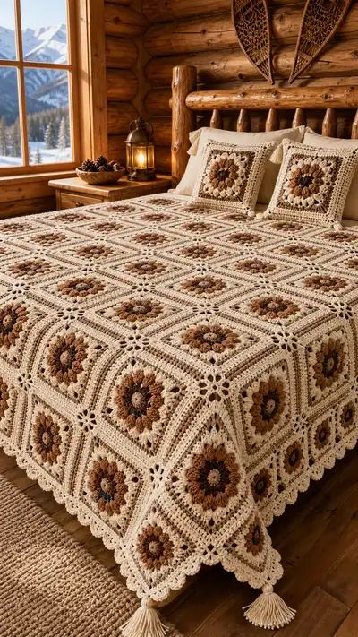 Espresso Floral Granny Square Bedspread Pattern step 1 - construction progress