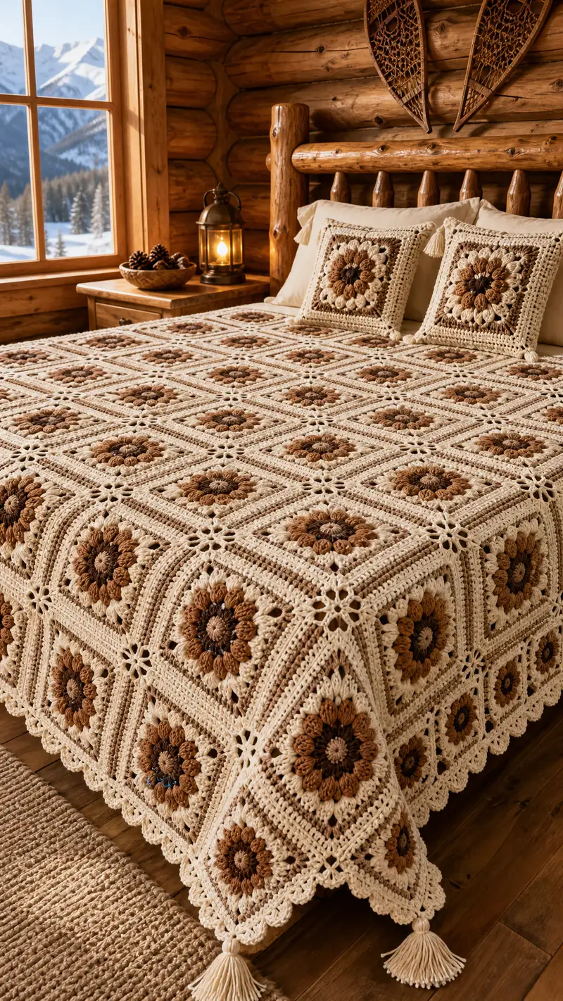 Espresso Floral Granny Square Bedspread Pattern crochet pattern - detailed view of completed project