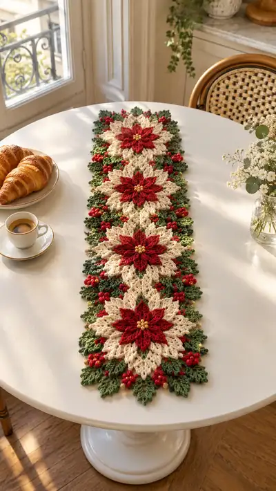 Red And Cream Poinsettia Table Runner Pattern step 1 - construction progress