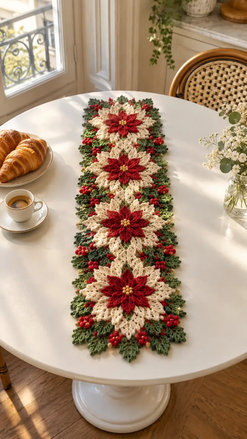 Red And Cream Poinsettia Table Runner Pattern crochet pattern - detailed view of completed project
