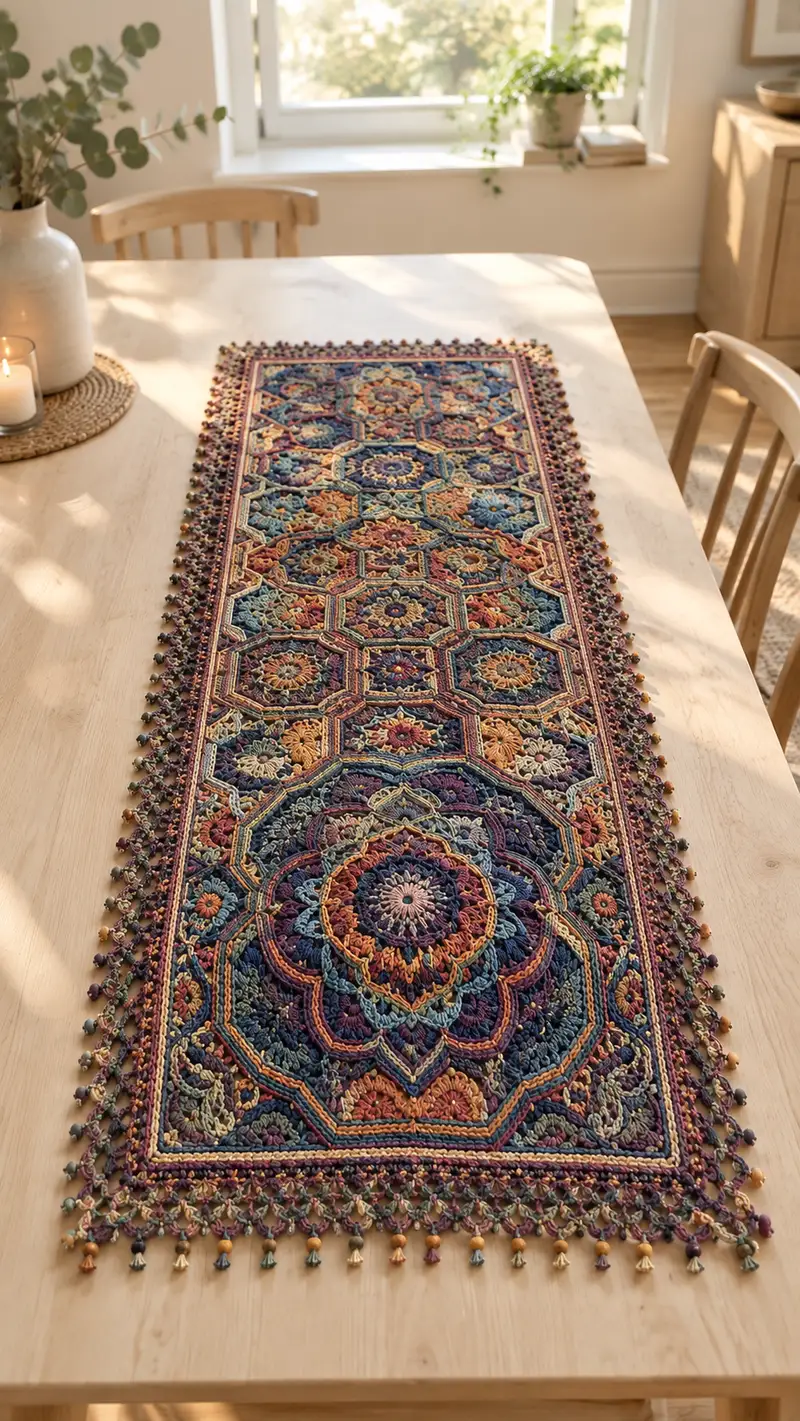 Intricate Mosaic Medallion Table Runner Pattern crochet pattern - detailed view of completed project