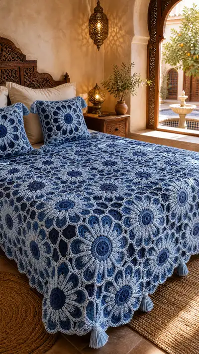 Denim Flower Granny Bedspread Pattern step 1 - construction progress