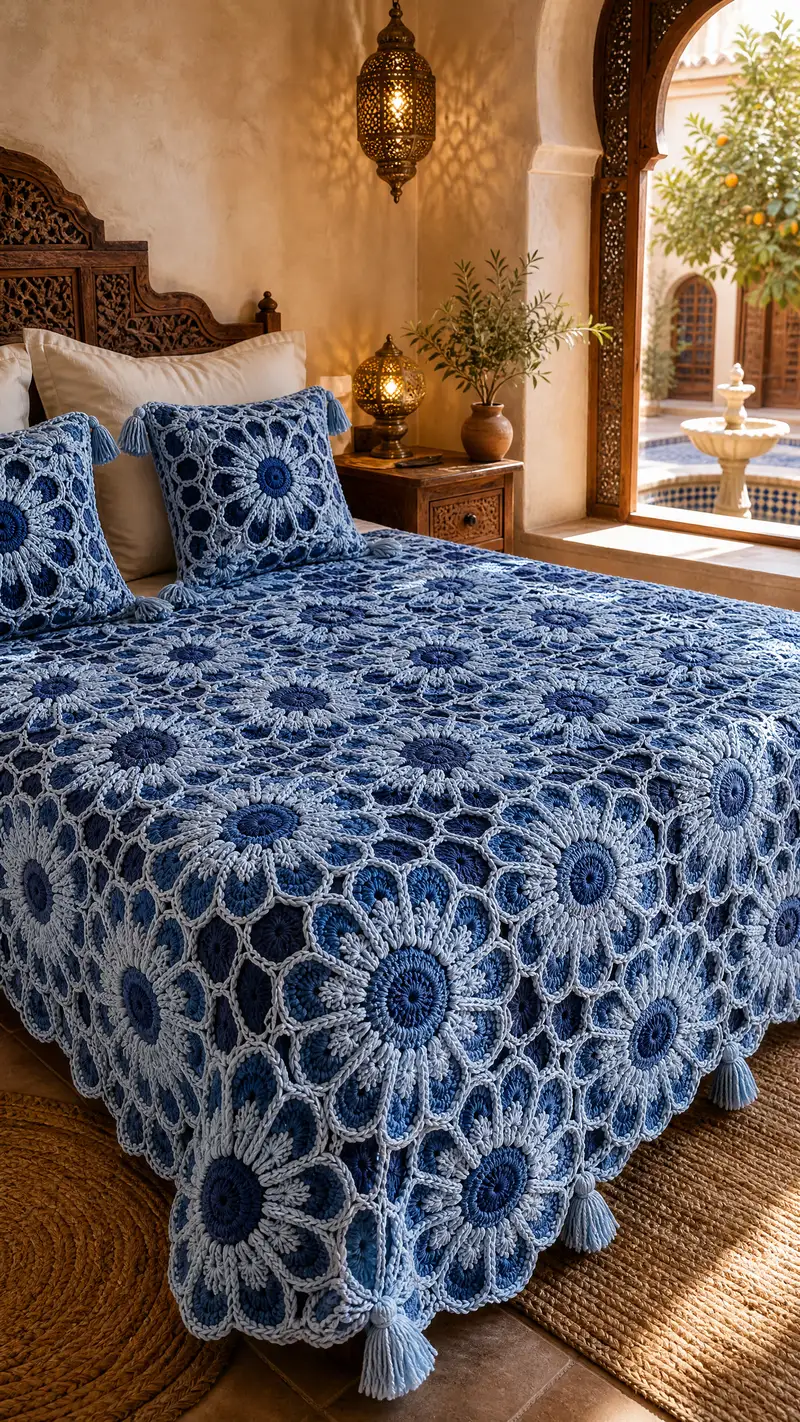 Denim Flower Granny Bedspread Pattern crochet pattern - detailed view of completed project