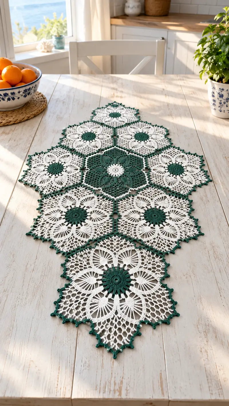Lacy Hexagon Table Runner Pattern crochet pattern - detailed view of completed project