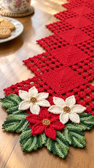 Poinsettia Diamond Table Runner Pattern step 2 - assembly progress
