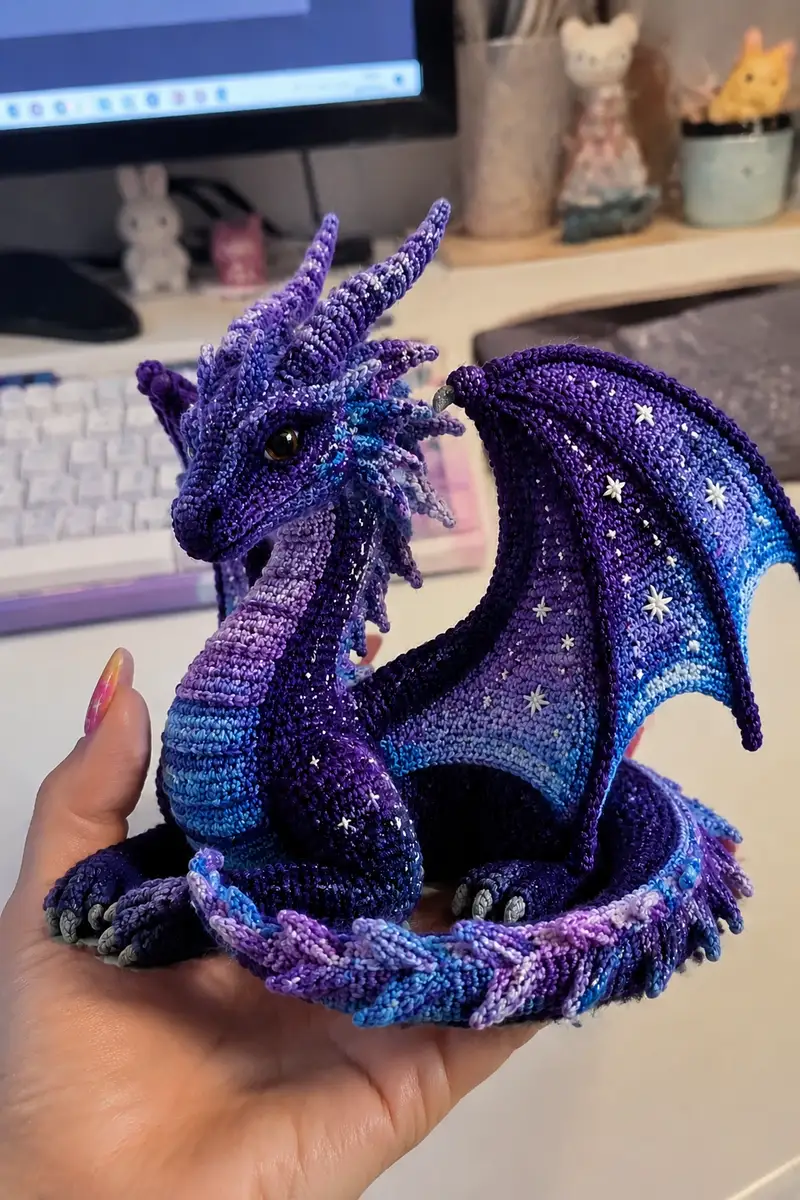 Giant Galaxy Dragon with Starry Purple Wings Amigurumi Pattern crochet pattern - detailed view of completed project
