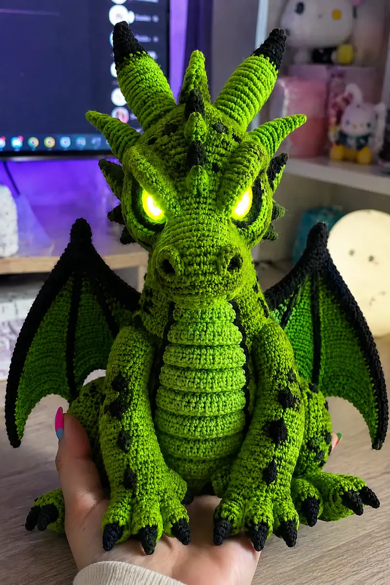 Big Toxic Green Halloween Dragon with Glowing Eyes Amigurumi Pattern crochet pattern - detailed view of completed project