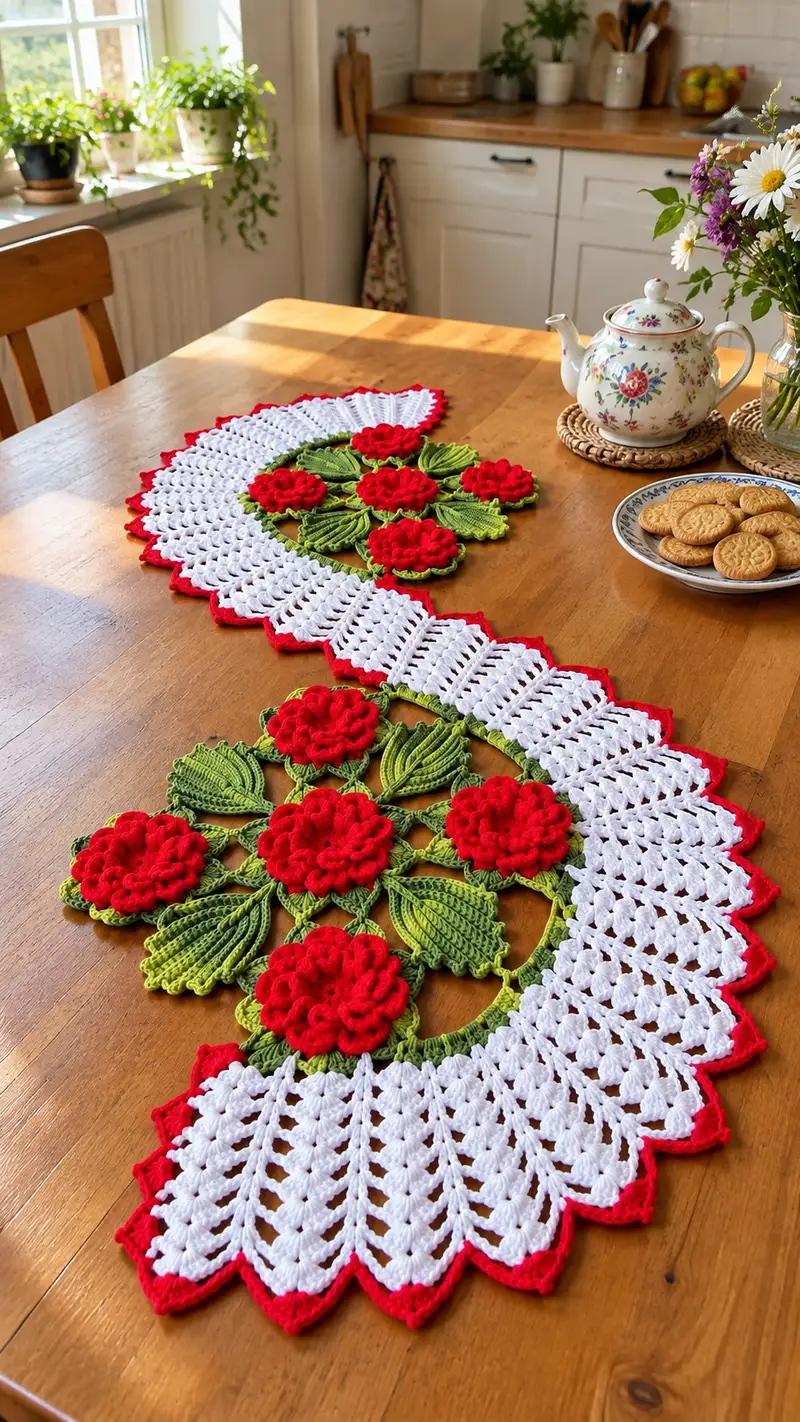 Vintage Rose Table Runner Pattern crochet pattern - detailed view of completed project