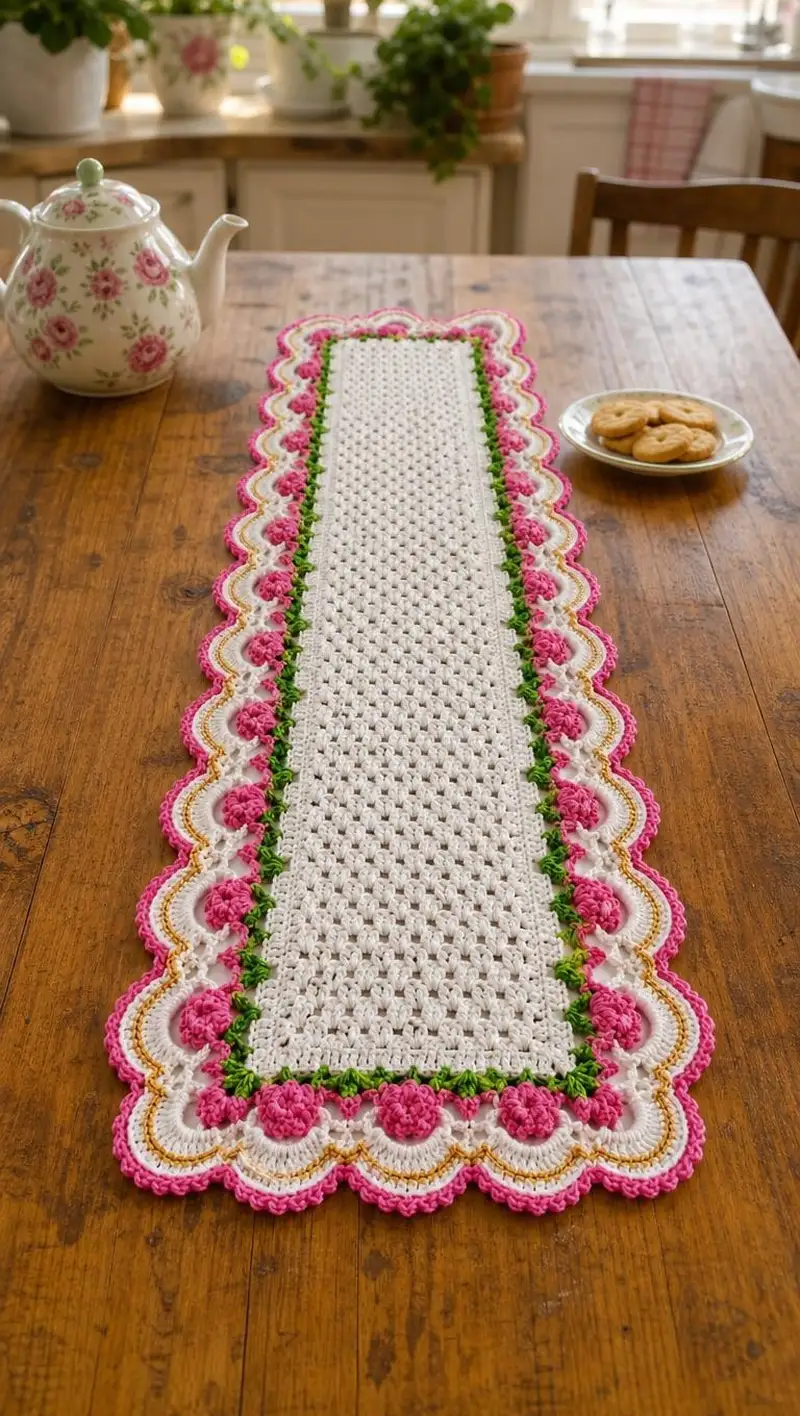 Vintage Rose Scallop Table Runner Pattern crochet pattern - detailed view of completed project