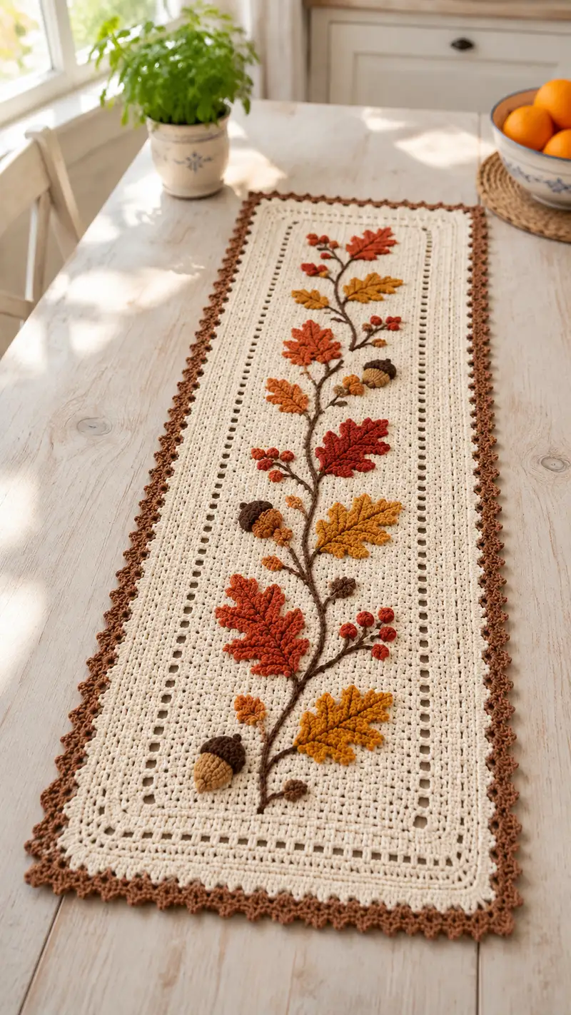 Autumn Leaves Table Runner Pattern crochet pattern - detailed view of completed project