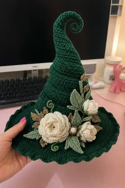 Big Emerald Spiral Witch Hat with Ivory Peonies Pattern step 1 - construction progress