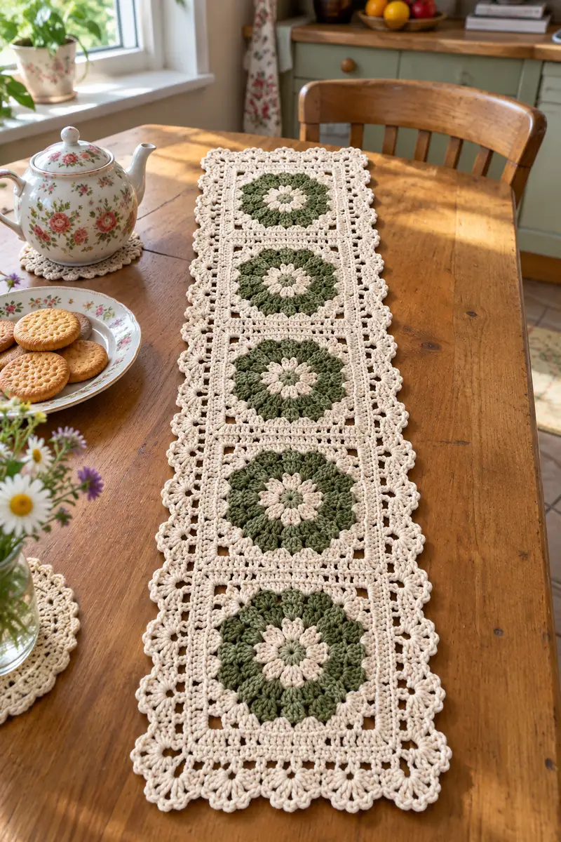 Vintage Floral Square Runner Pattern crochet pattern - detailed view of completed project
