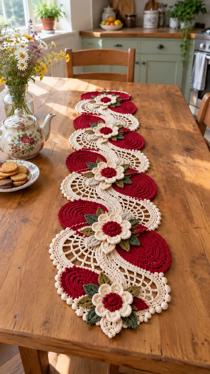 Elegant Floral S-Shape Table Runner Pattern crochet pattern - detailed view of completed project