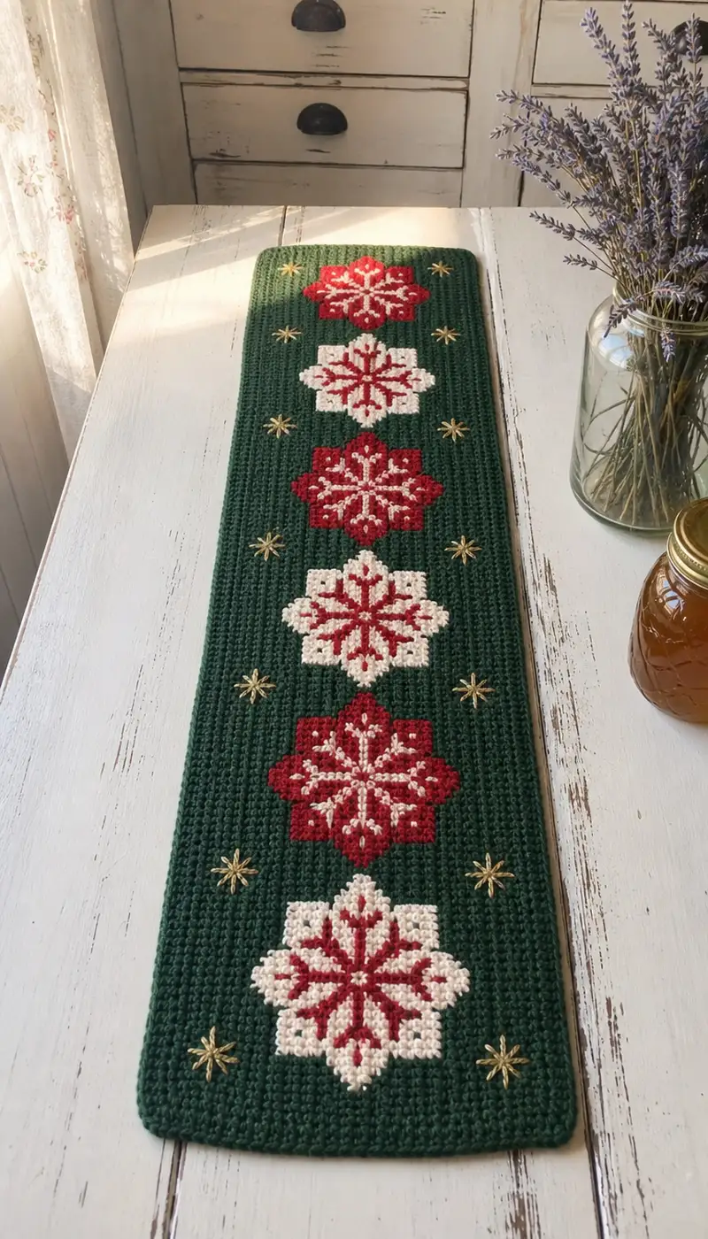 Festive Snowflake Table Runner Pattern crochet pattern - detailed view of completed project