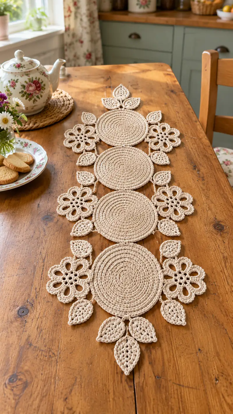 Floral Circle Table Runner Pattern crochet pattern - detailed view of completed project