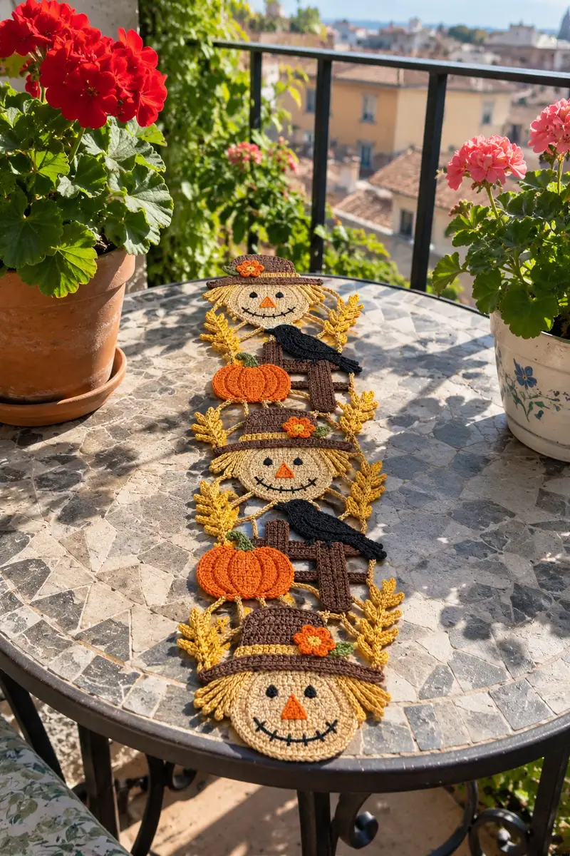 Crow and Scarecrow Halloween Table Runner Pattern crochet pattern - detailed view of completed project