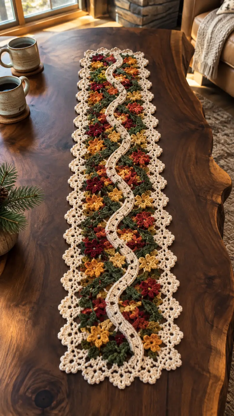 Mustard And Burgundy Floral Table Runner Pattern crochet pattern - detailed view of completed project