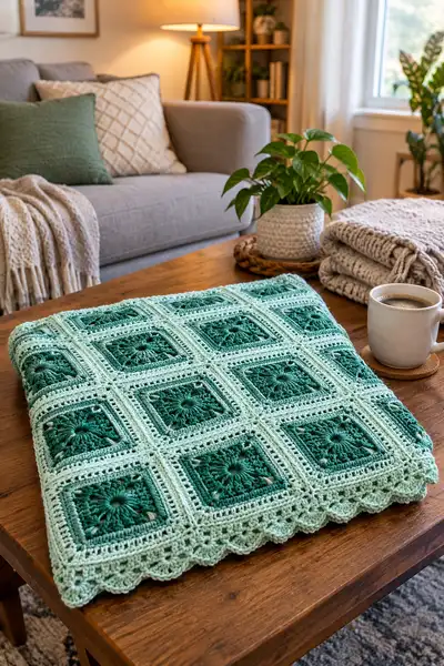 Sage Green Square Bedspread Pattern step 2 - assembly progress