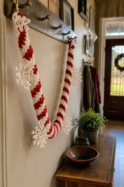 Red and White Candy Cane Spiral Christmas Garland with Snowflake Accents Pattern step 1 - construction progress