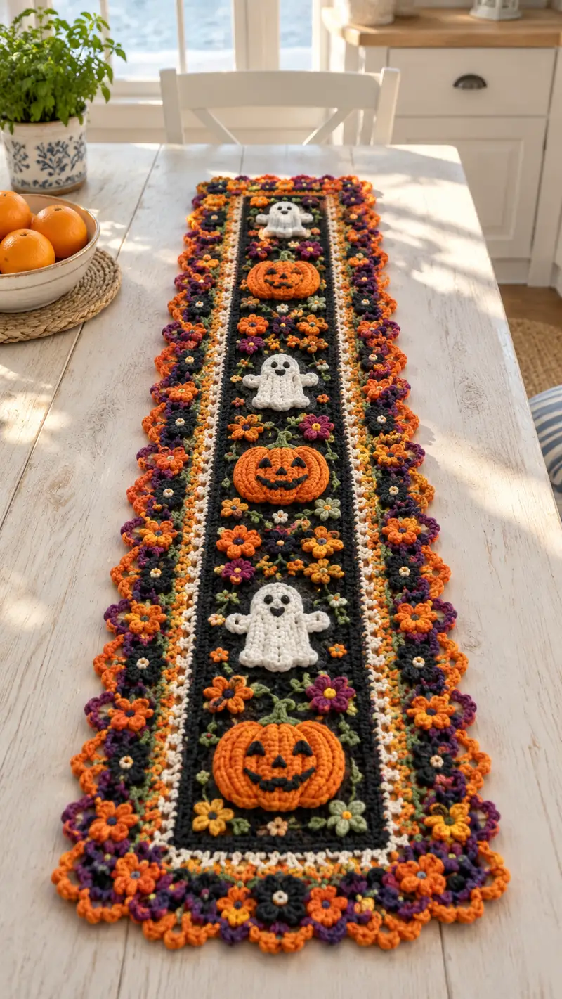 Halloween Pumpkin & Ghost Table Runner Pattern crochet pattern - detailed view of completed project