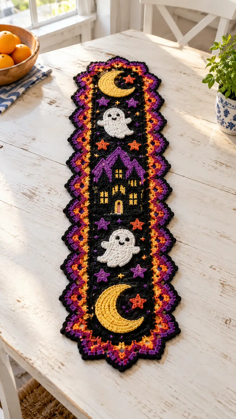 Spooky Halloween Table Runner Pattern crochet pattern - detailed view of completed project