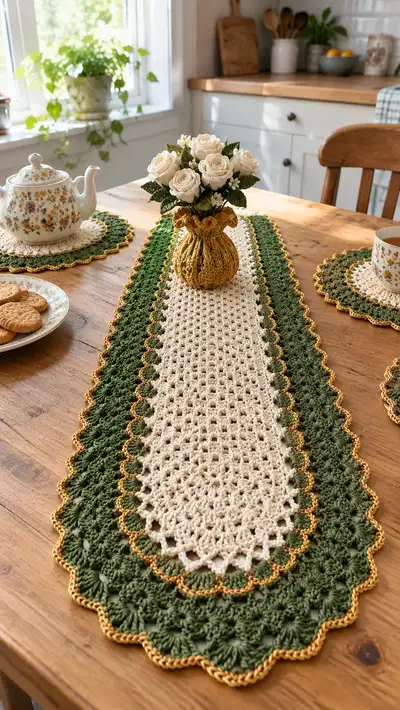 Elegant Green & Cream Table Runner Pattern step 1 - construction progress